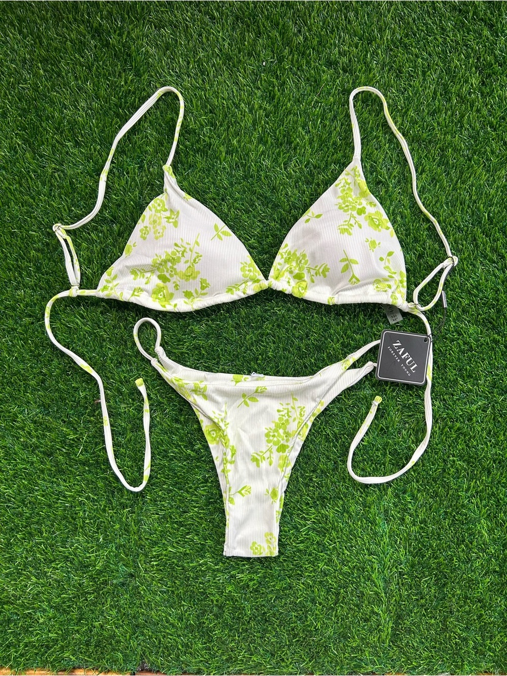 ZAFUL White & Lime Floral Triangle Bikini Set